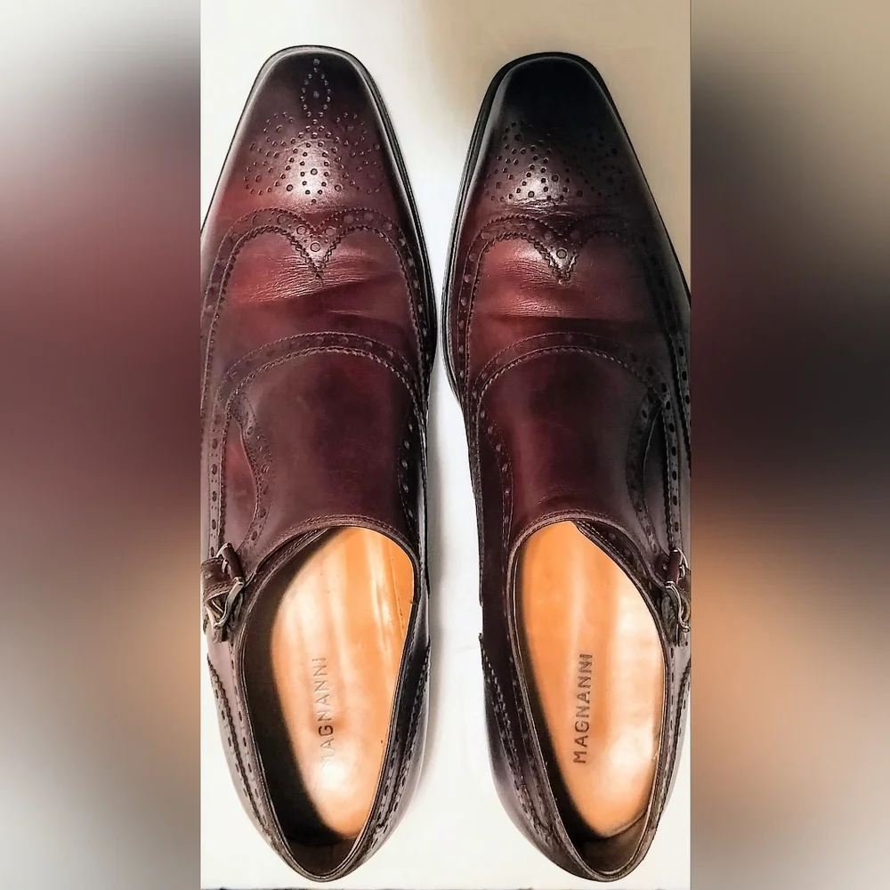 Magnanni Men's Burgundy Brown Leather Monk Strap Loafers